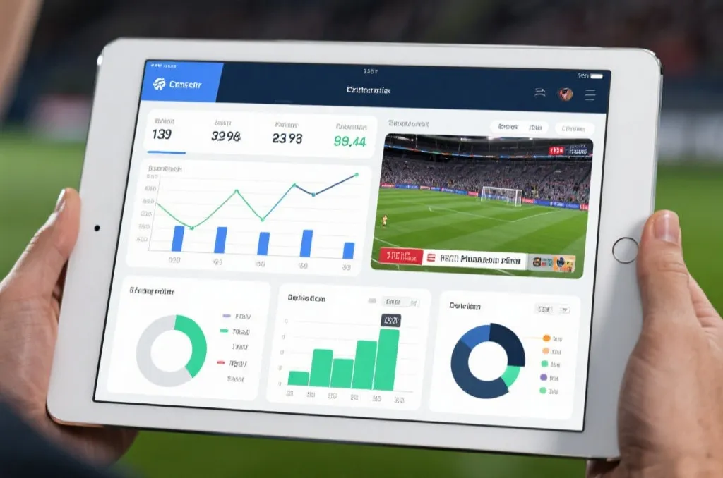 A clean, modern tablet interface showing detailed sports statistics, charts, and match analysis graphics alongside a live broadcast window