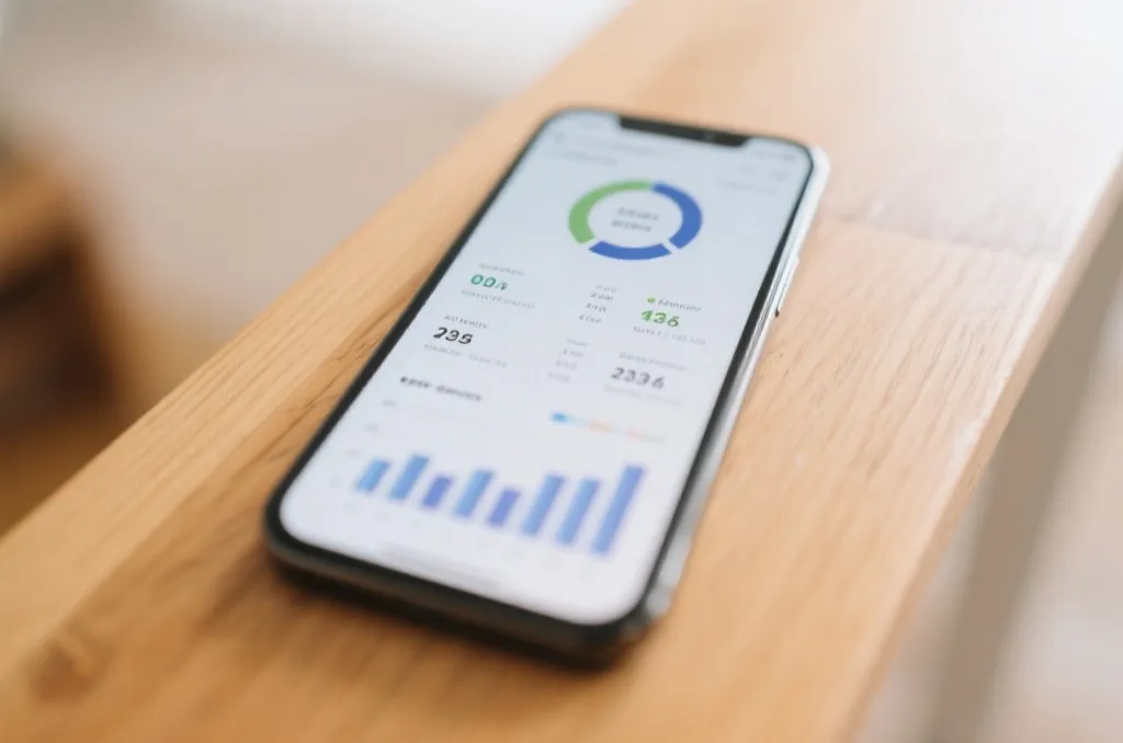 A close-up editorial shot of a smartphone displaying clean abstract sports statistics, schedule lists, and charts on a wooden table, soft focus background