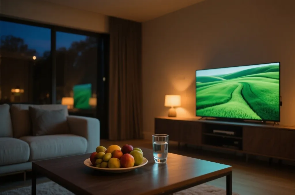 A cozy living room setting at night with warm ambient lighting and a healthy fruit platter on a coffee table